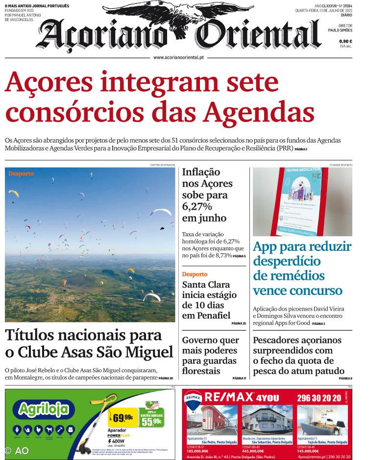 "Açores integram sete consórcios das Agendas" é a manchete do Açoriano Oriental – Imagem 1