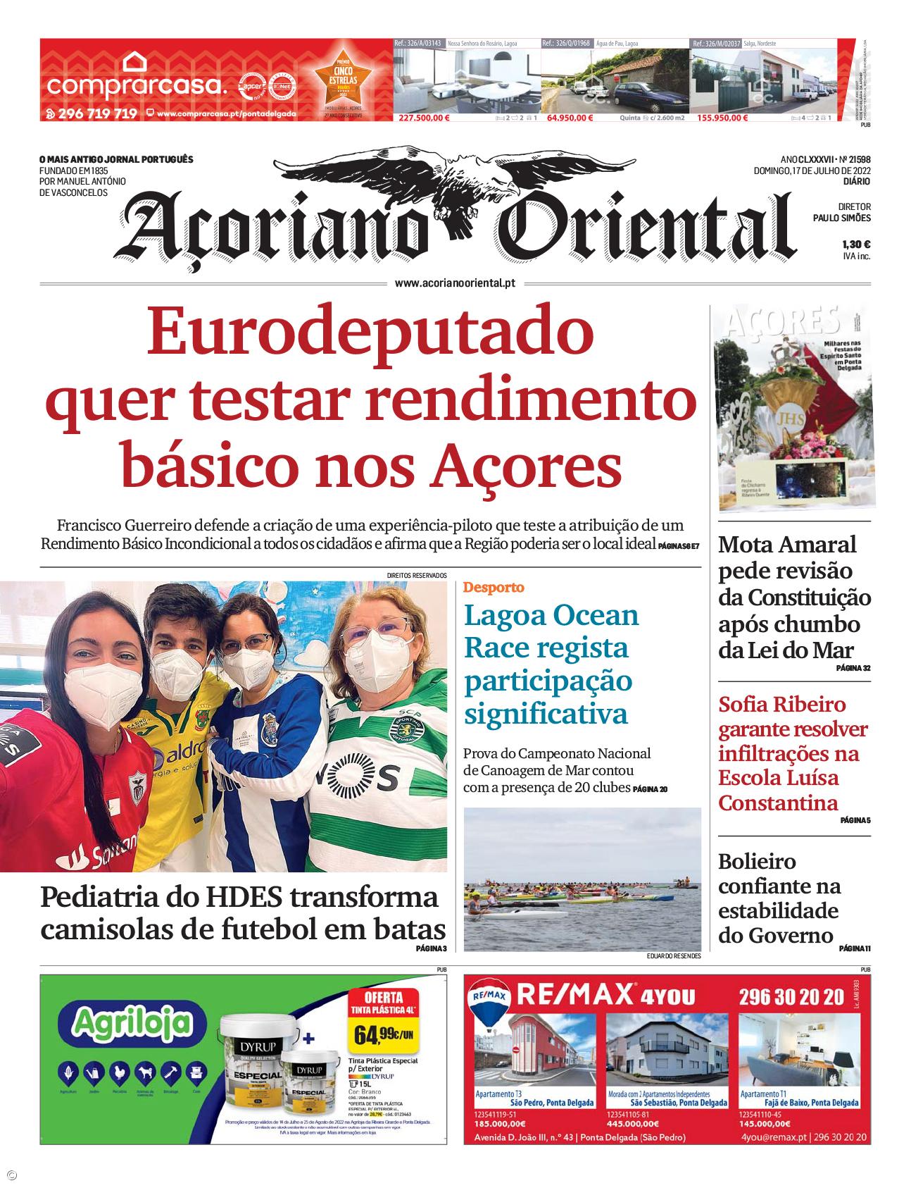"Eurodeputado quer testar rendimento básico nos Açores" é a manchete do Açoriano Oriental – Imagem 1