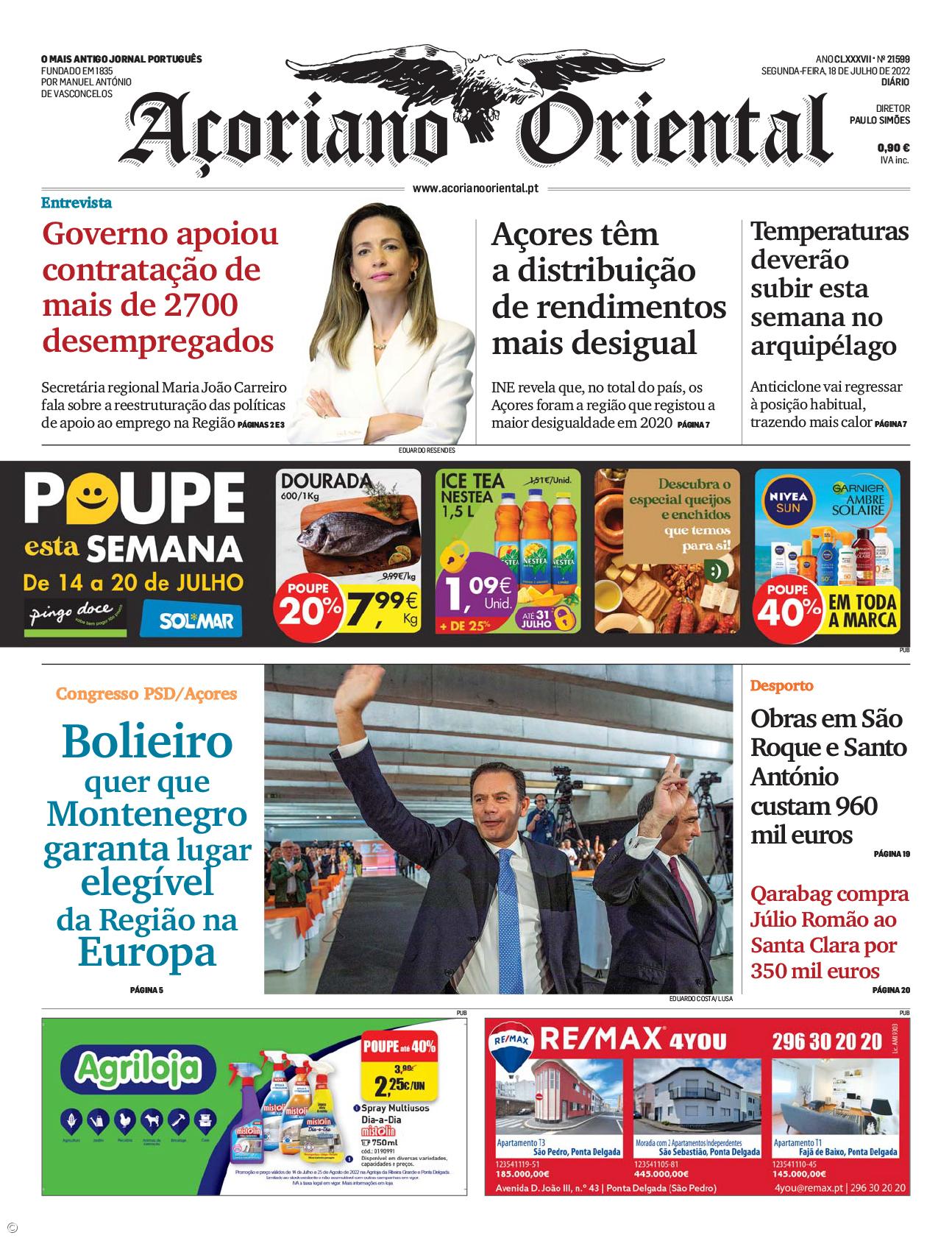 "Governo apoiou contratação de 2700 desempregados" é a manchete do Açoriano Oriental – Imagem 1