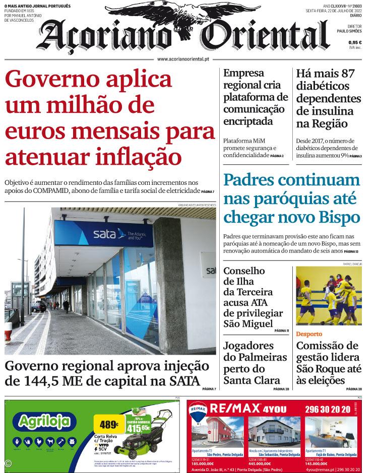 "Governo aplica um milhão de euros mensais para atenuar inflação" é a manchete do Açoriano Oriental – Imagem 1