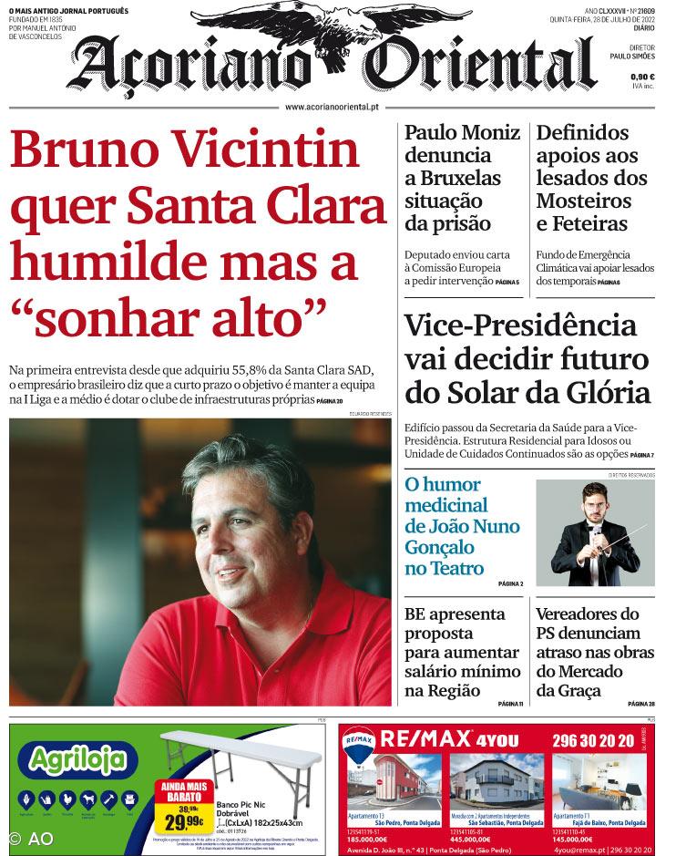 "Bruno Vicintin quer Santa Clara humilde mas a 'sonhar alto'" é a manchete do Açoriano Oriental – Imagem 1