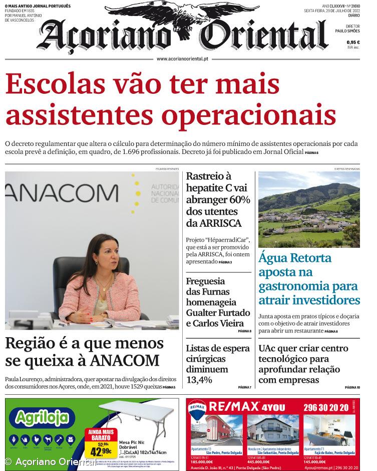 "Escolas vão ter mais assistentes operacionais" é a manchete do Açoriano Oriental – Imagem 1