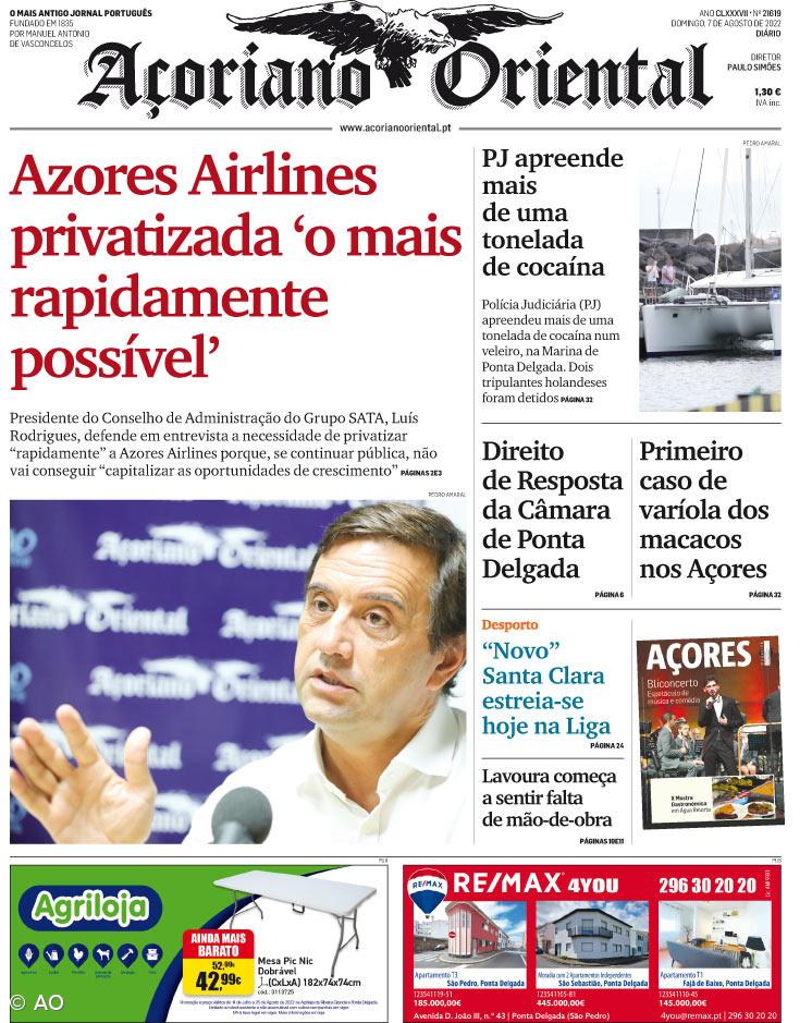"Azores Airlines privatizada 'o mais rapidamente possível'" é a manchete do Açoriano Oriental – Imagem 1