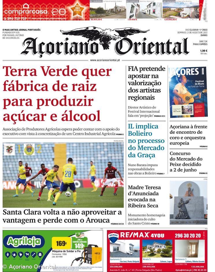 “Terra Verde quer fábrica de raiz para produzir açúcar e álcool” é a manchete do Açoriano Oriental. – Imagem 1