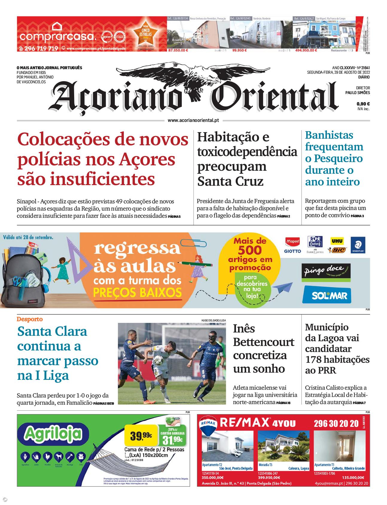 "Colocações de novos polícias nos Açores são insuficientes" é a manchete do Açoriano Oriental – Imagem 1