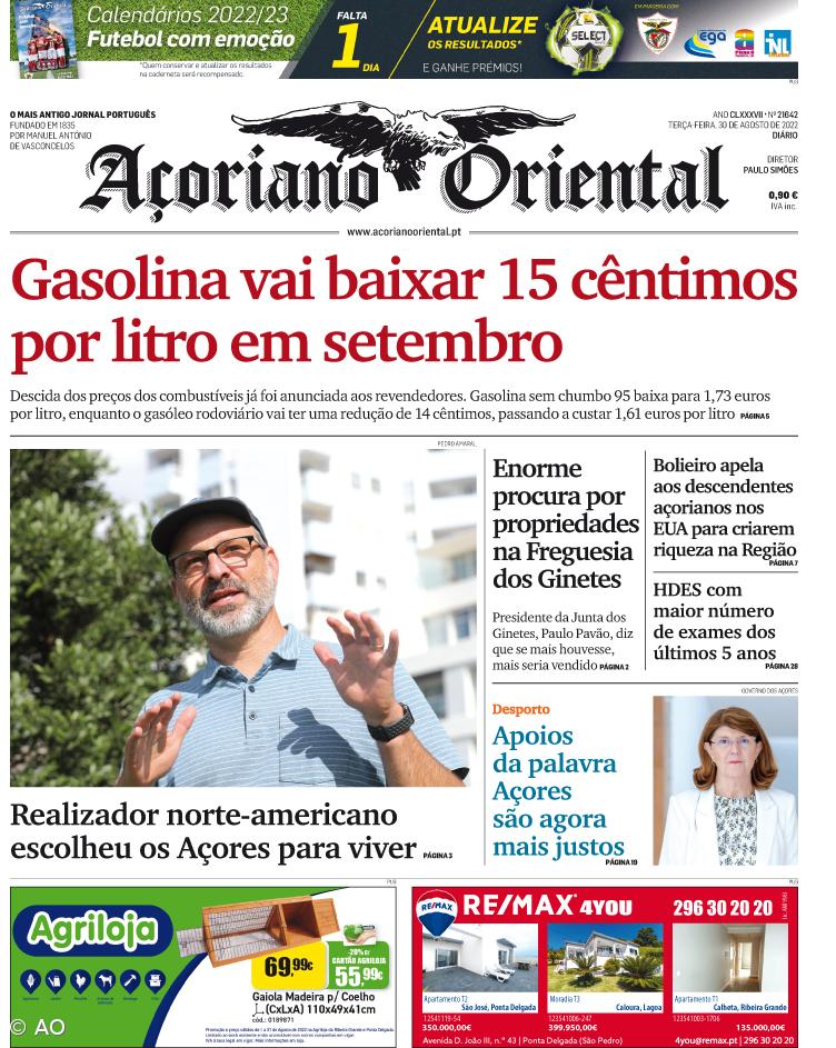 "Gasolina vai baixar 15 cêntimos por litro em setembro" é a manchete do Açoriano Oriental – Imagem 1