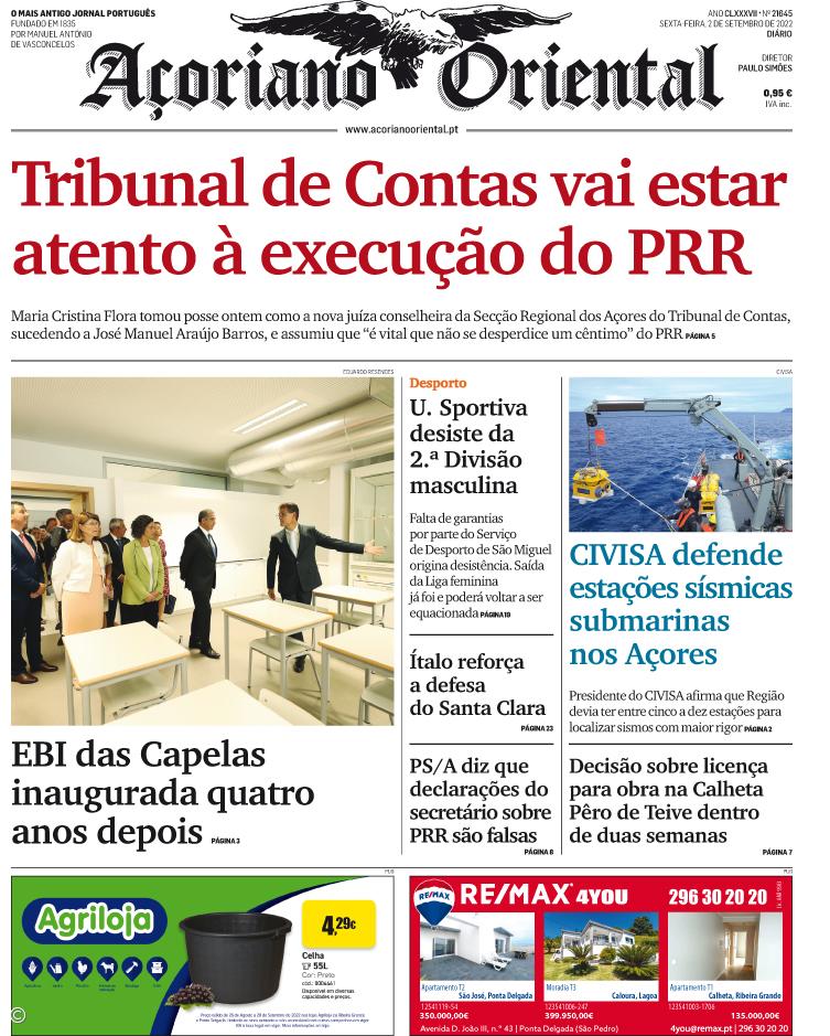 "Tribunal de Contas vai estar atento à execução do PRR" é a manchete do Açoriano Oriental – Imagem 1