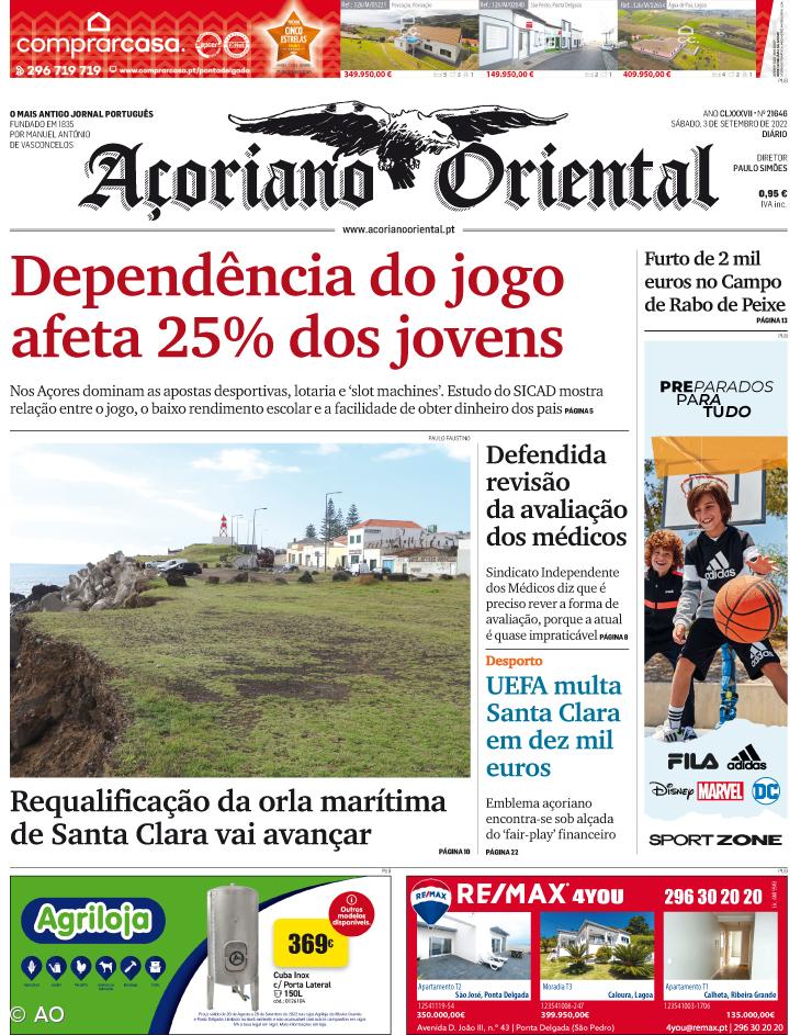 "Dependência do jogo afeta 25% dos jovens" é a manchete do Açoriano Oriental – Imagem 1