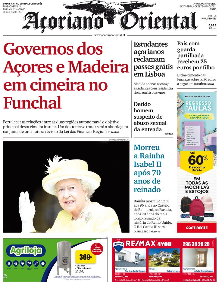 "Governos dos Açores e Madeira em cimeira no Funchal" é a manchete do Açoriano Oriental – Imagem 1