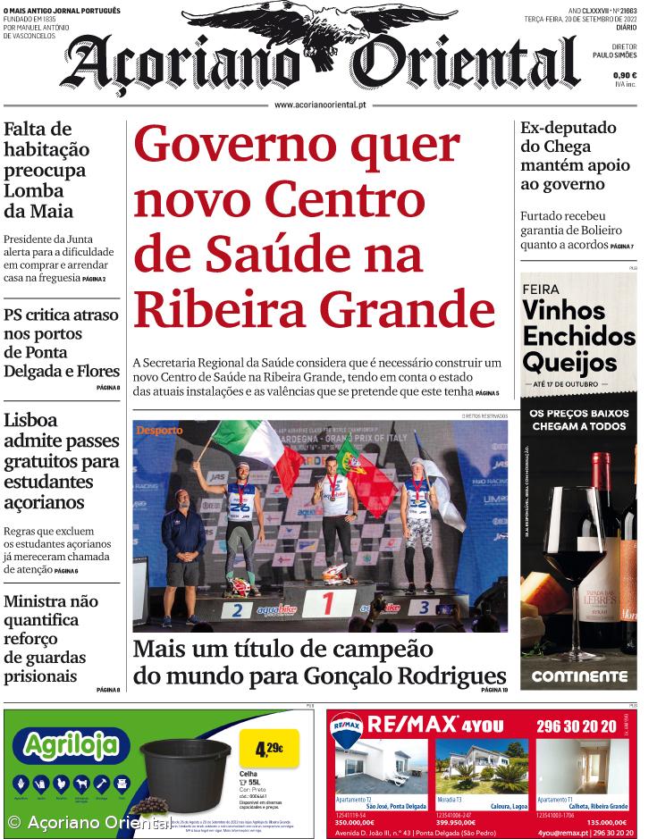 "Governo quer novo Centro de Saúde na Ribeira Grande" é a manchete do Açoriano Oriental – Imagem 1