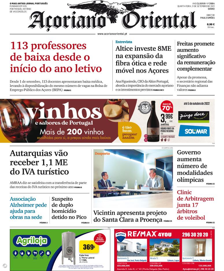 "113 professores de baixa desde o início do ano letivo" é a manchete do Açoriano Oriental – Imagem 1