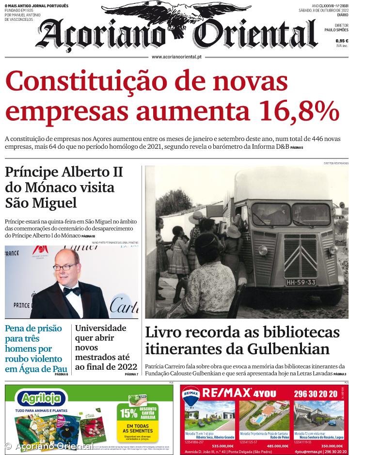 "Constituição de novas empresas aumenta 16,8%" é a manchete do Açoriano Oriental – Imagem 1