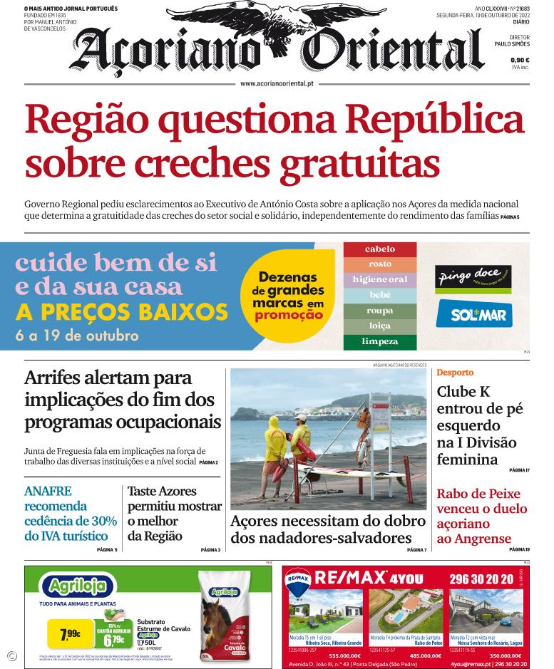 "Região questiona República sobre creches gratuitas" é a manchete do Açoriano Oriental – Imagem 1