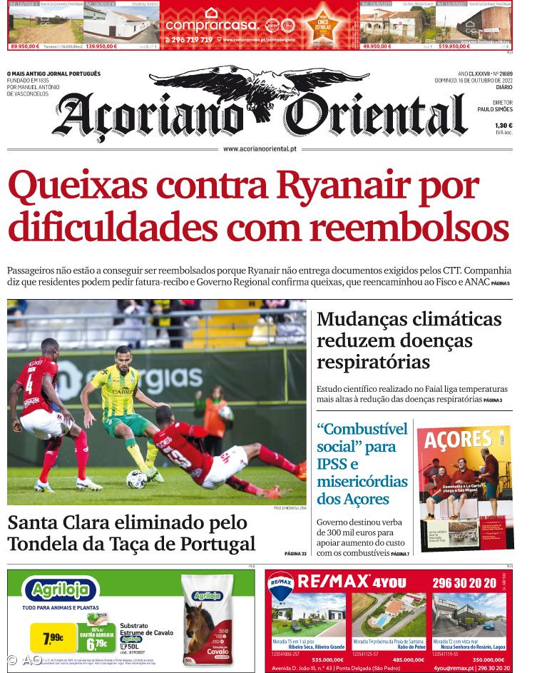 "Queixas contra Ryanair por dificuldades com reembolsos" é a manchete do Açoriano Oriental – Imagem 1