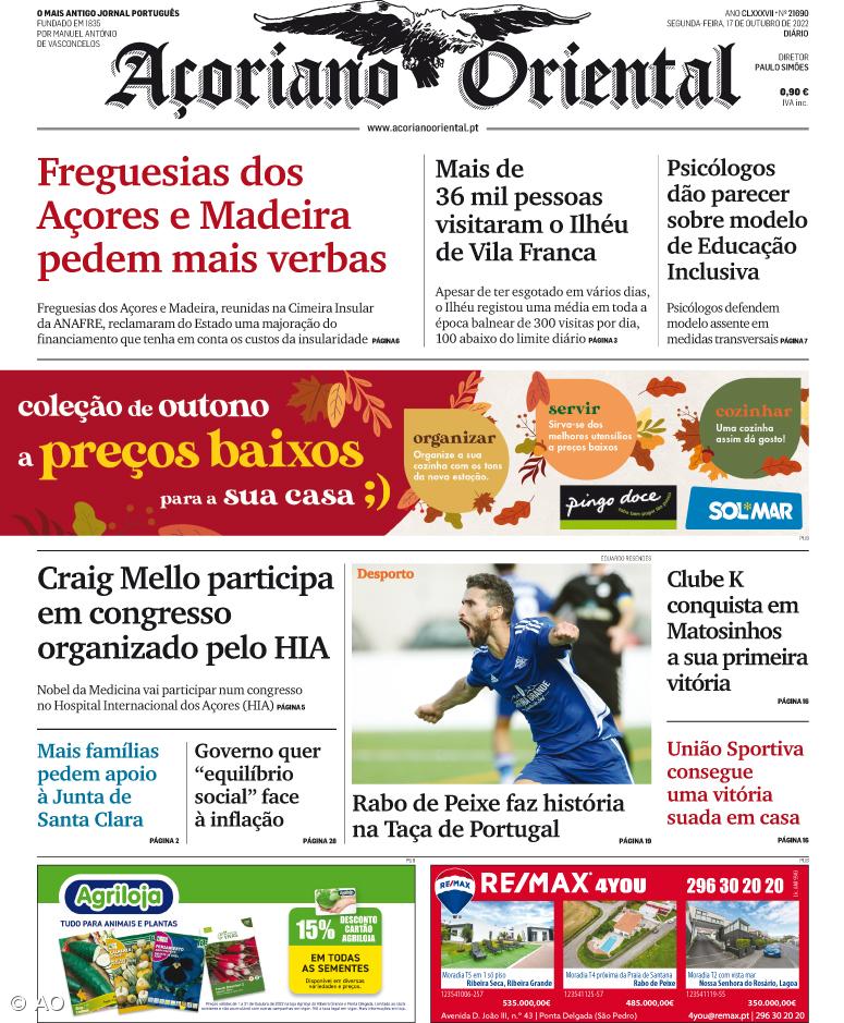 "Freguesias dos Açores e Madeira pedem mais verbas" é a manchete do Açoriano Oriental – Imagem 1