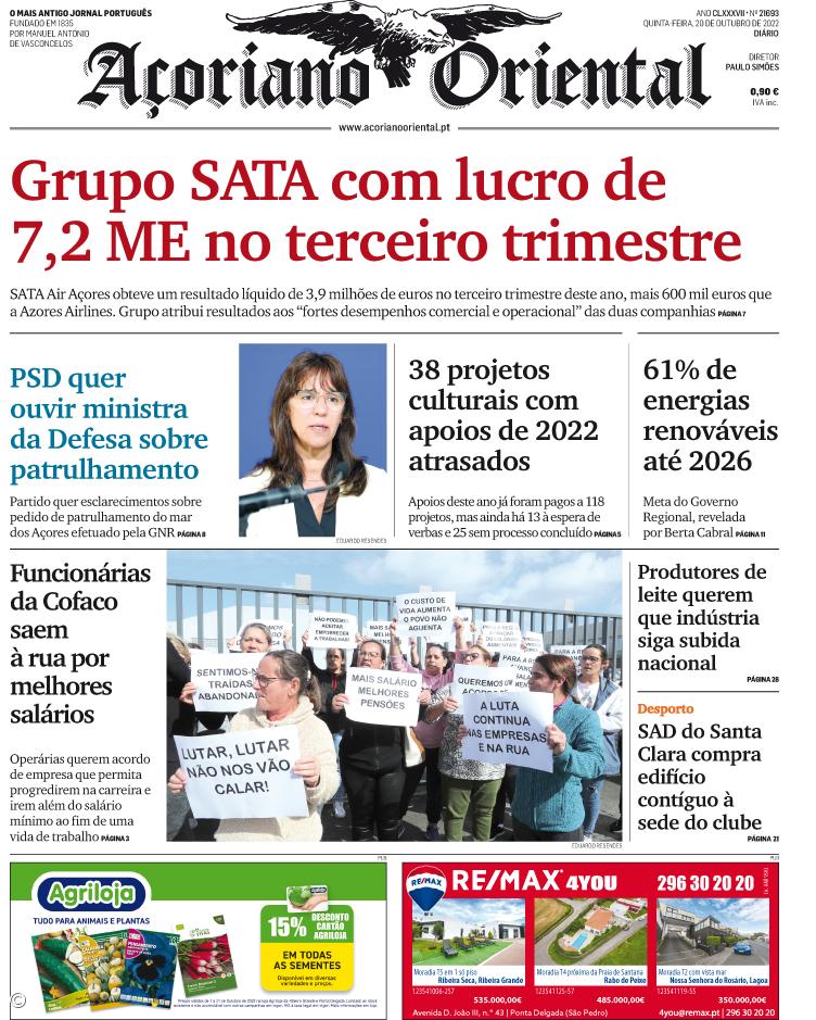 "Grupo SATA com lucro de 7,2 ME no terceiro trimestre" é a manchete do Açoriano Oriental – Imagem 1
