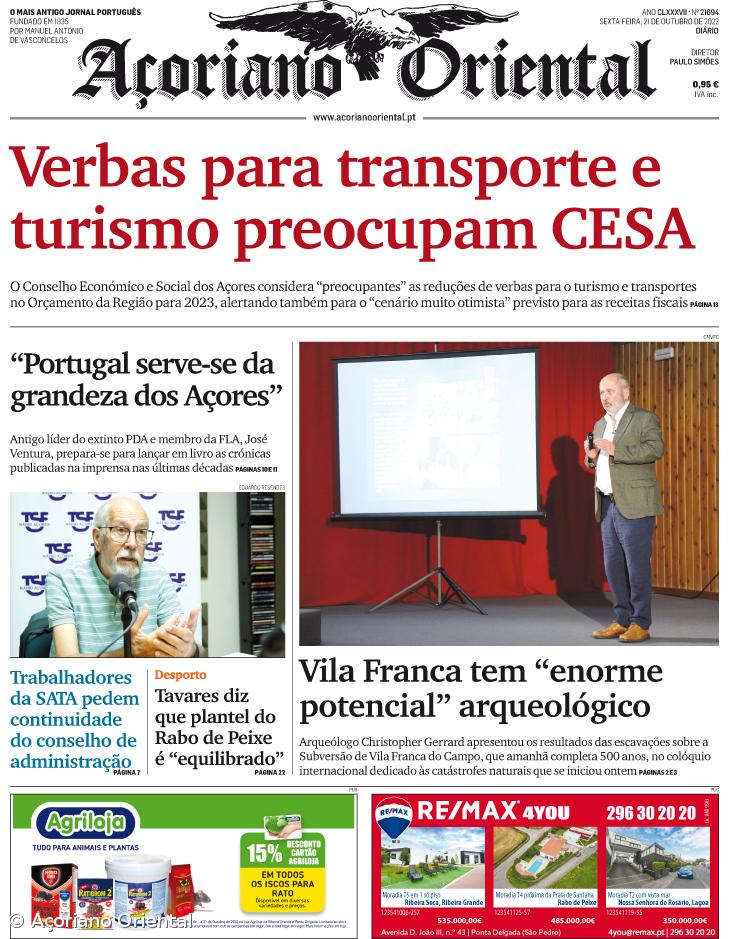 "Verbas para transporte e turismo preocupam CESA" é a manchete do Açoriano Oriental – Imagem 1