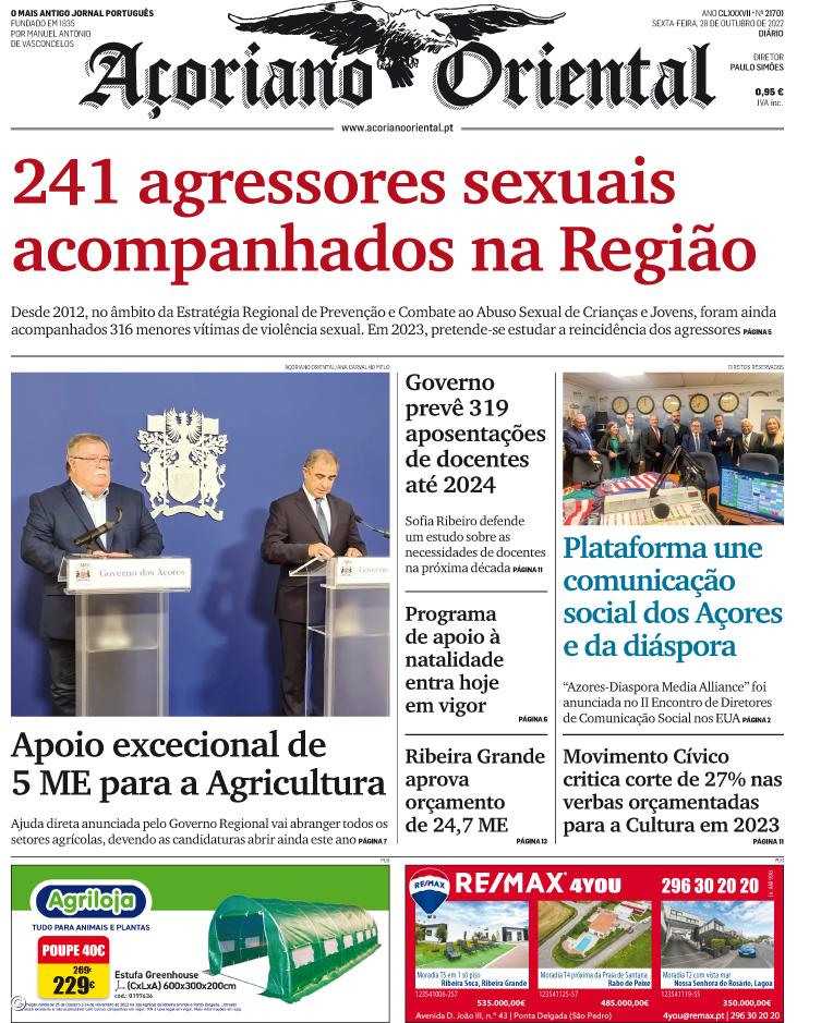 "241 agressores sexuais acompanhados na Região" é a manchete do Açoriano Oriental – Imagem 1