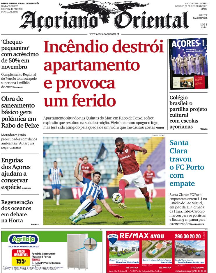 "Incêndio destrói apartamento e provoca um ferido" é a manchete do Açoriano Oriental – Imagem 1