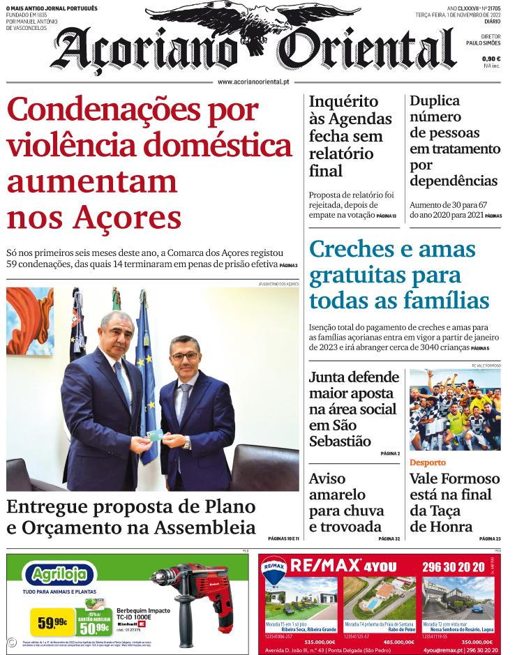 "Condenações por violência doméstica aumentam nos Açores" é a manchete do Açoriano Oriental – Imagem 1
