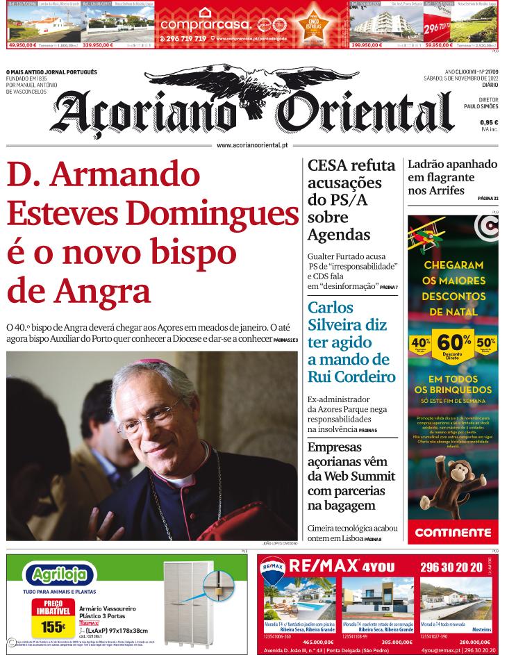 "D. Armando Esteves Domingues é o novo bispo de Angra" é a manchete do Açoriano Oriental – Imagem 1