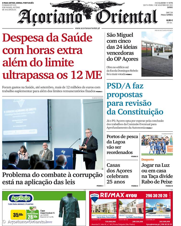 "Despesa da Saúde com horas extra além do limite ultrapassa os 12 ME" é a manchete do Açoriano Oriental – Imagem 1