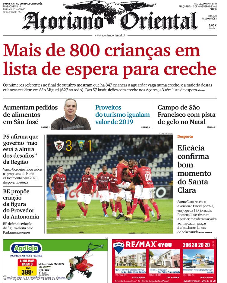 "Mais de 800 crianças em lista de espera para creche" é a manchete do Açoriano Oriental – Imagem 1