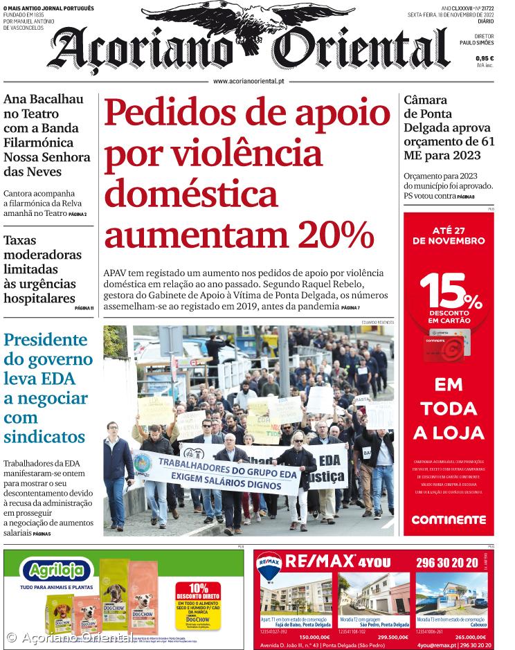 "Pedidos de apoio por violência doméstica aumentam 20%" é a manchete do Açoriano Oriental – Imagem 1
