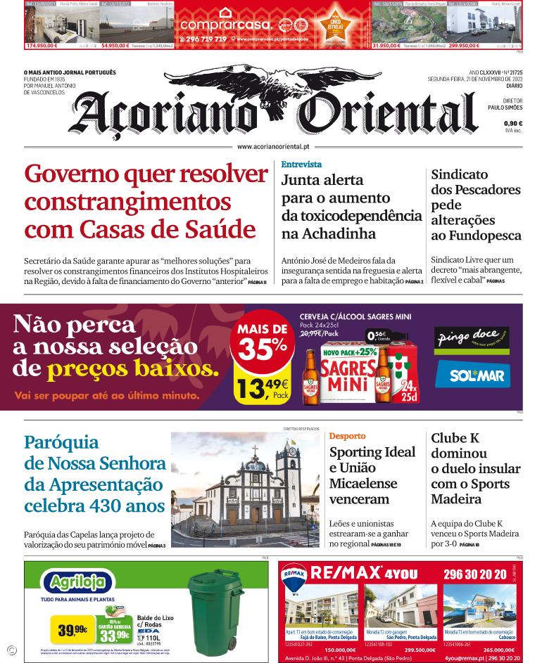 "Governo quer resolver constrangimentos com Casas de Saúde" é a manchete do Açoriano Oriental – Imagem 1