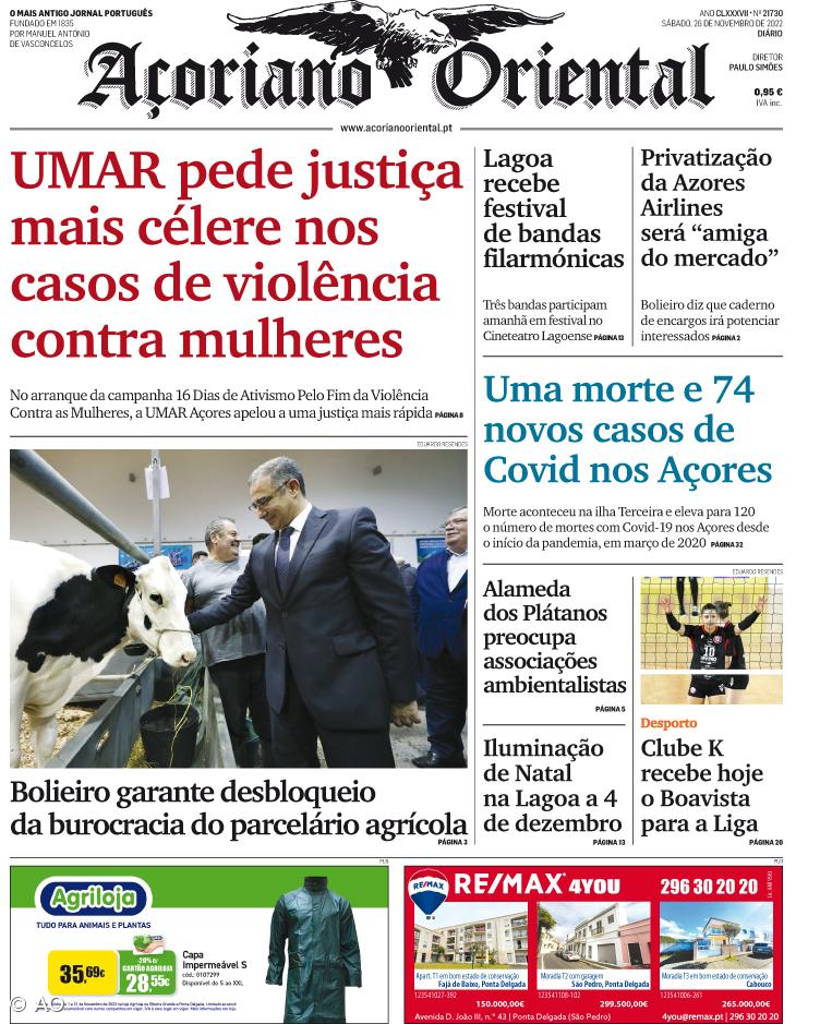 "UMAR pede justiça mais célere nos casos de violência contra mulheres" é a manchete do Açoriano Oriental – Imagem 1