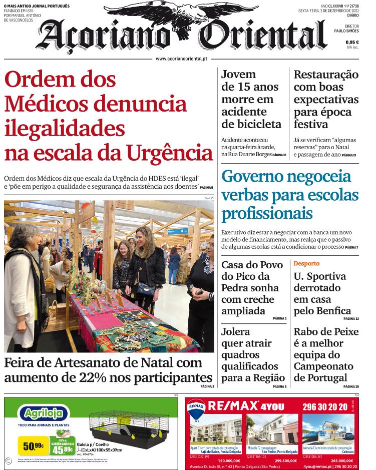 "Ordem dos Médicos denuncia ilegalidades na escala da Urgência" é a manchete do Açoriano Oriental – Imagem 1