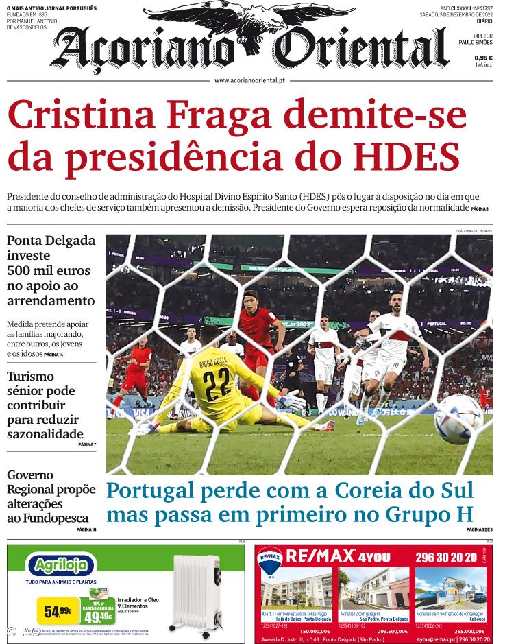 "Cristina Fraga demite-se da presidência do HDES" é a manchete do Açoriano Oriental – Imagem 1