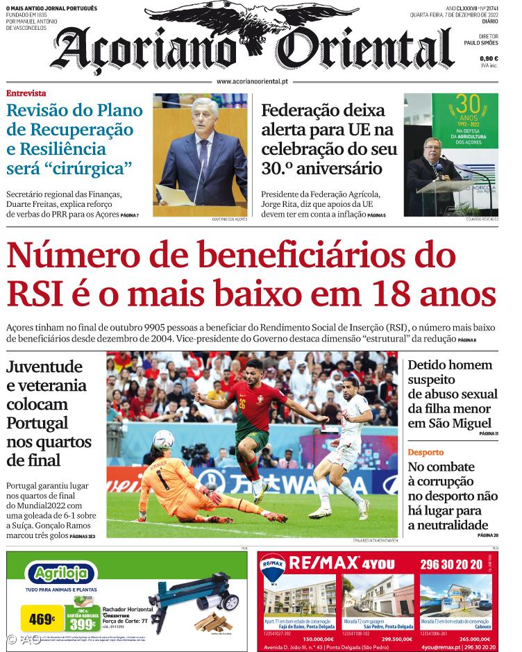 "Número de beneficiários do RSI é o mais baixo em 18 anos" é a manchete do Açoriano Oriental – Imagem 1