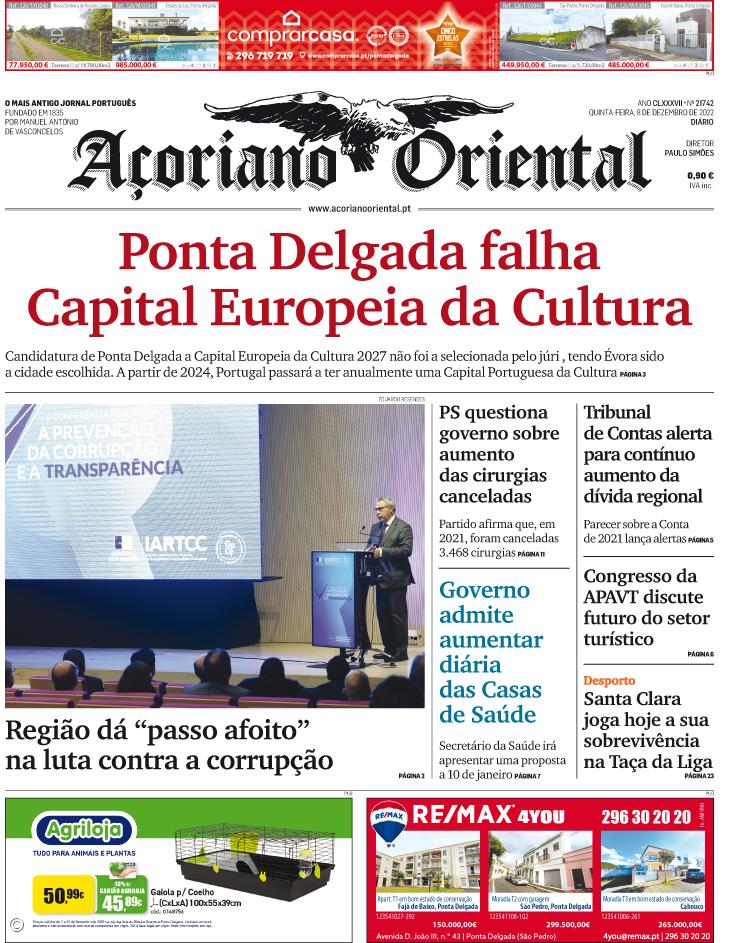 "Ponta Delgada falha Capital Europeia da Cultura" é a manchete do Açoriano Oriental – Imagem 1