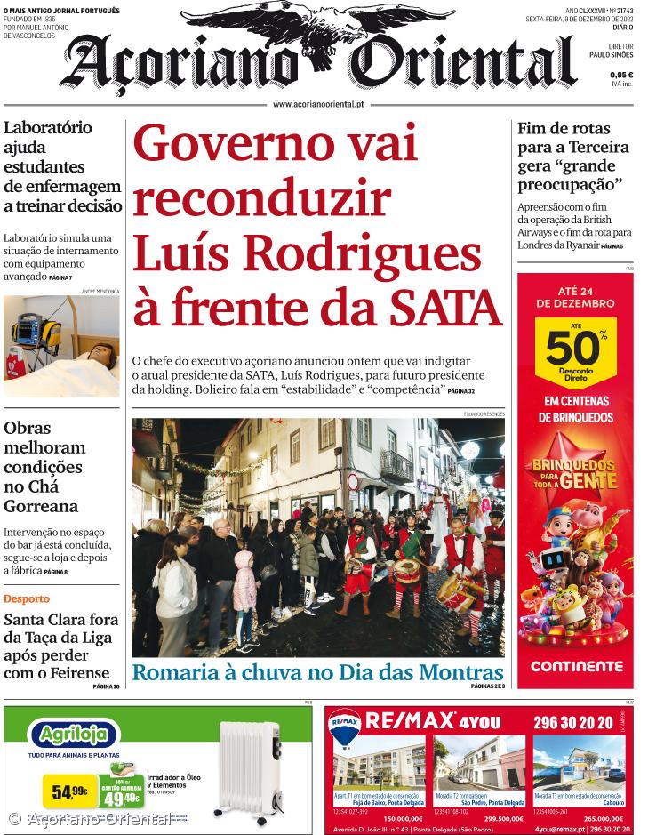 "Governo vai reconduzir Luís Rodrigues à frente da SATA" é a manchete do Açoriano Oriental – Imagem 1