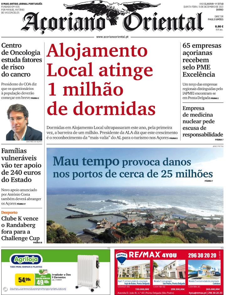 "Alojamento Local atinge 1 milhão de dormidas" é a manchete do Açoriano Oriental – Imagem 1