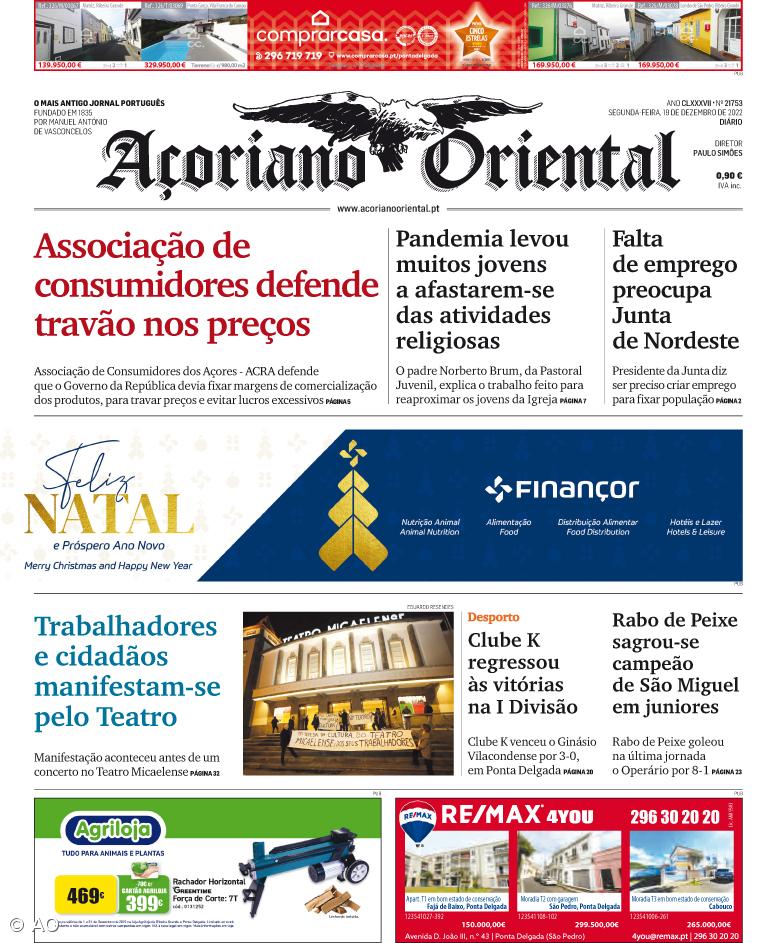 "Associação de consumidores defende travão nos preços" é a manchete do Açoriano Oriental – Imagem 1
