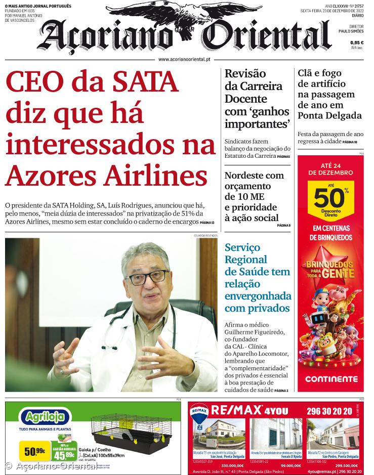 "CEO da SATA diz que há interessados na Azores Airlines" é a manchete do Açoriano Oriental – Imagem 1