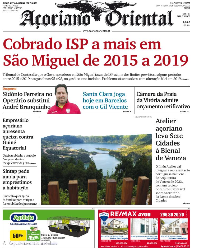 "Cobrado ISP a mais em São Miguel de 2015 a 2019" é a manchete do Açoriano Oriental – Imagem 1