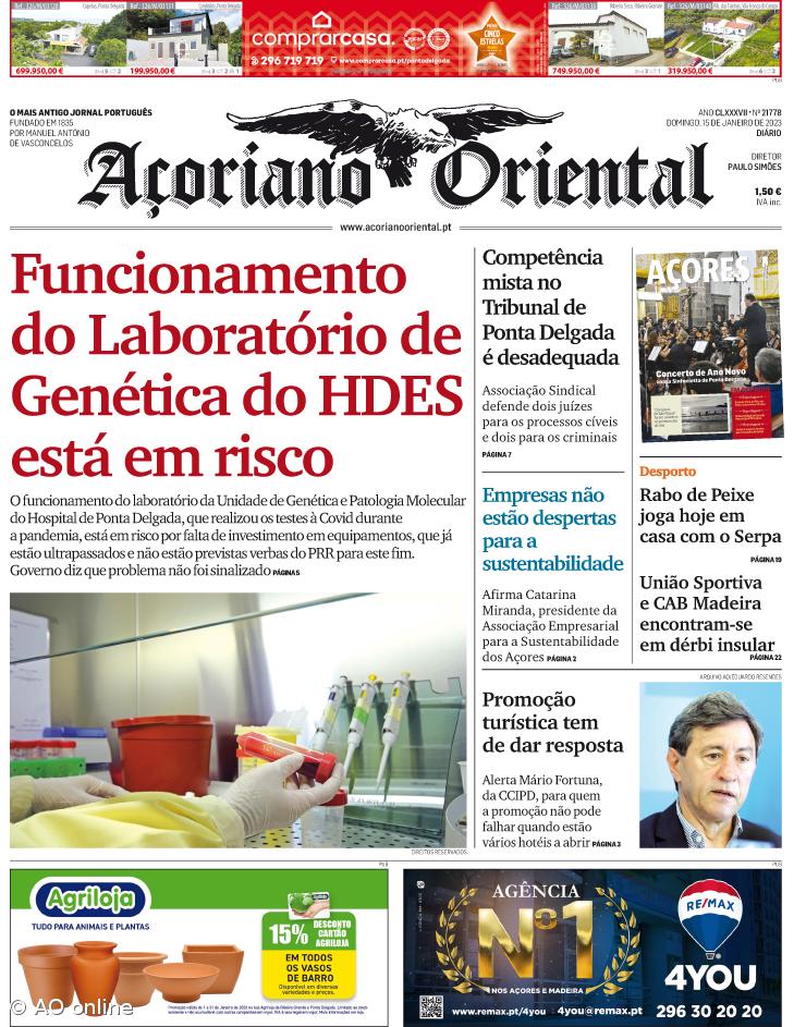 "Funcionamento do Laboratório de Genética do HDES está em risco" é a manchete do Açoriano Oriental – Imagem 1