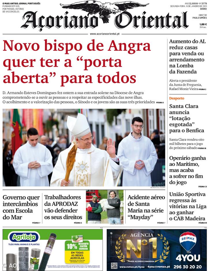"Novo bispo de Angra quer ter a 'porta aberta' para todos" é a manchete do Açoriano Oriental – Imagem 1