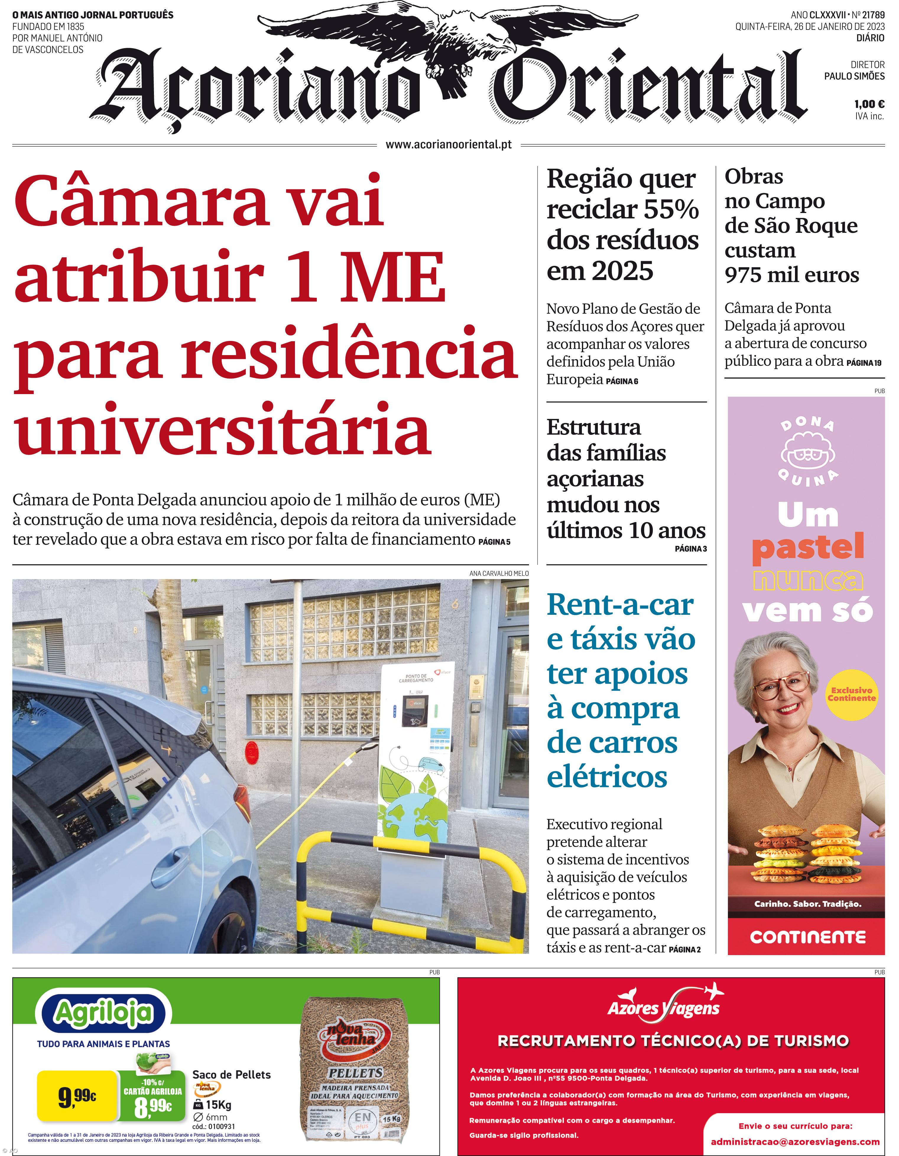 "Câmara vai atribuir 1 milhão de euros (ME) para residência universitária" é a manchete do Açoriano Oriental – Imagem 1