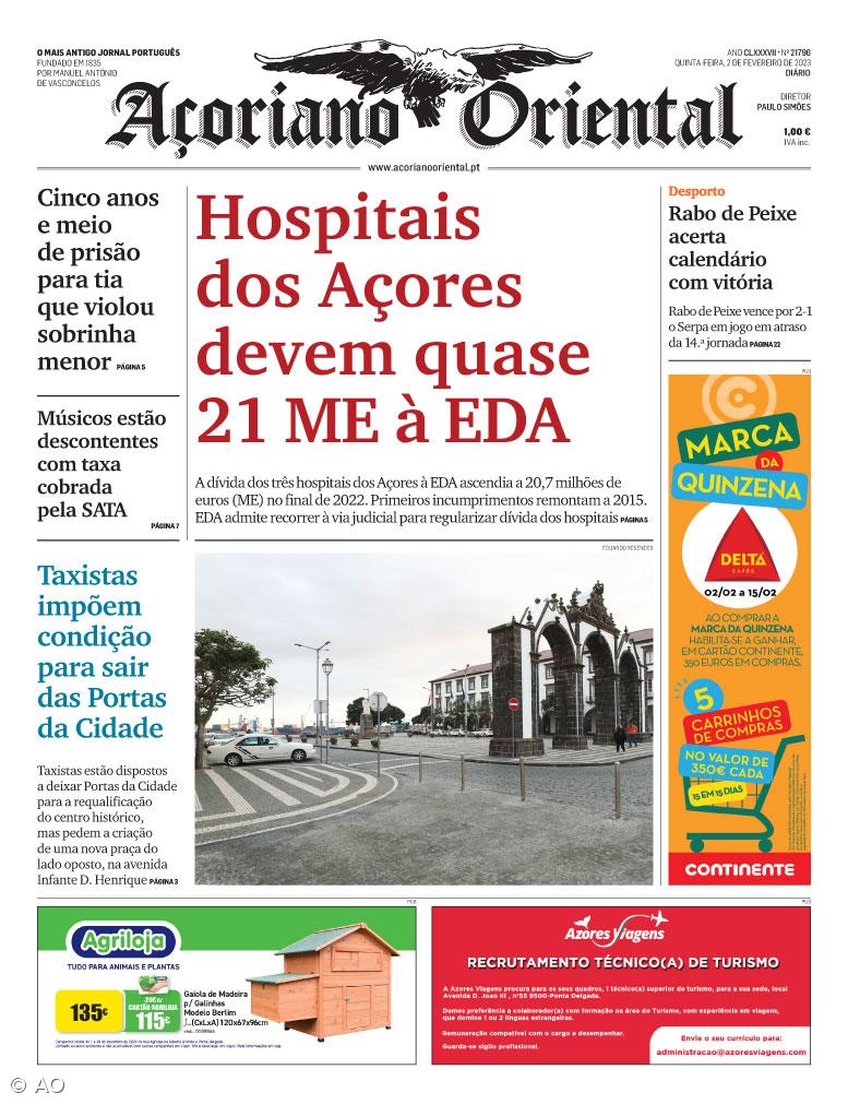 "Hospitais dos Açores devem quase 21 milhões de euros (ME) à EDA" é a manchete do Açoriano Oriental – Imagem 1