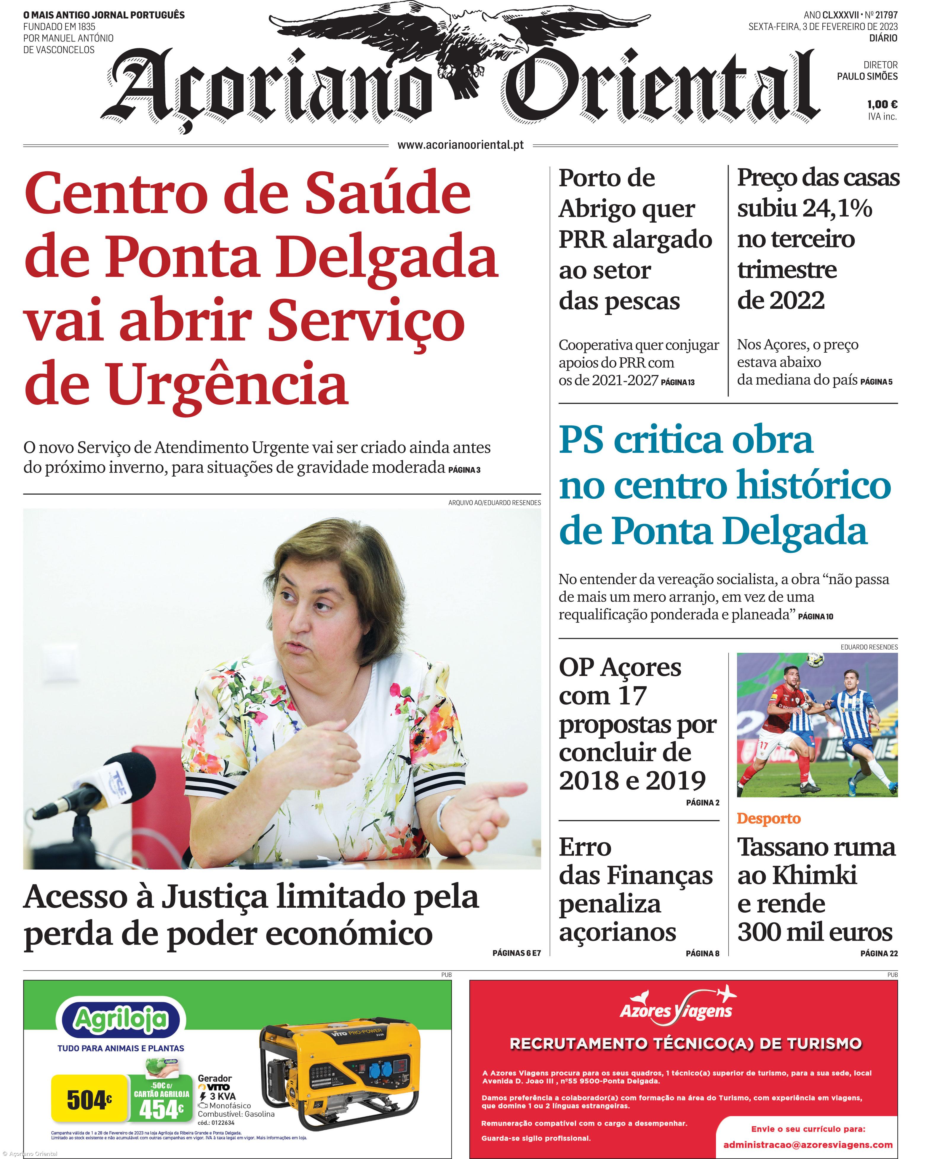 "Centro de Saúde de Ponta Delgada vai abrir Serviço de Urgência" é a manchete do Açoriano Oriental – Imagem 1