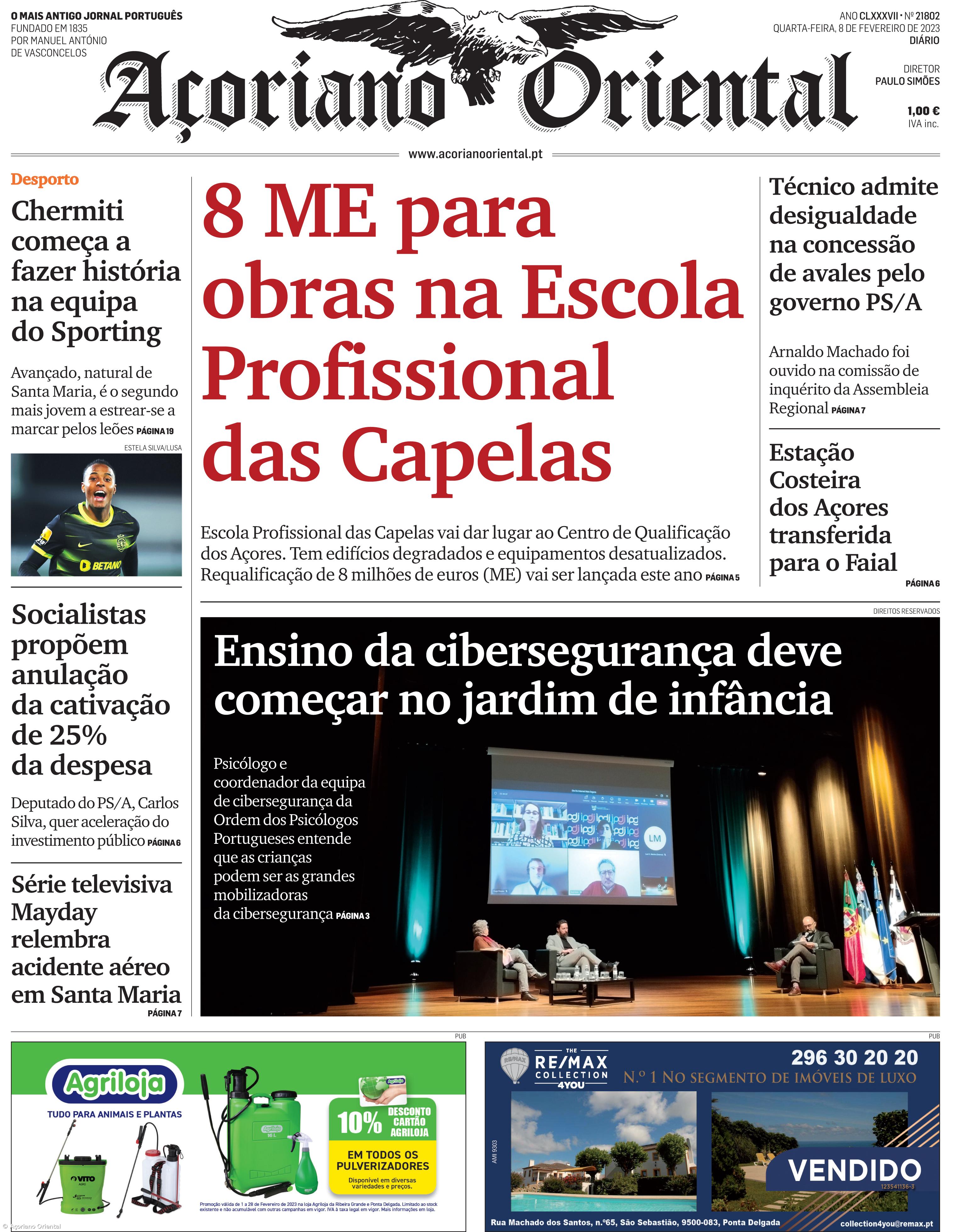 "8 ME para obras na Escola Profissional das Capelas" é a manchete do Açoriano Oriental – Imagem 1