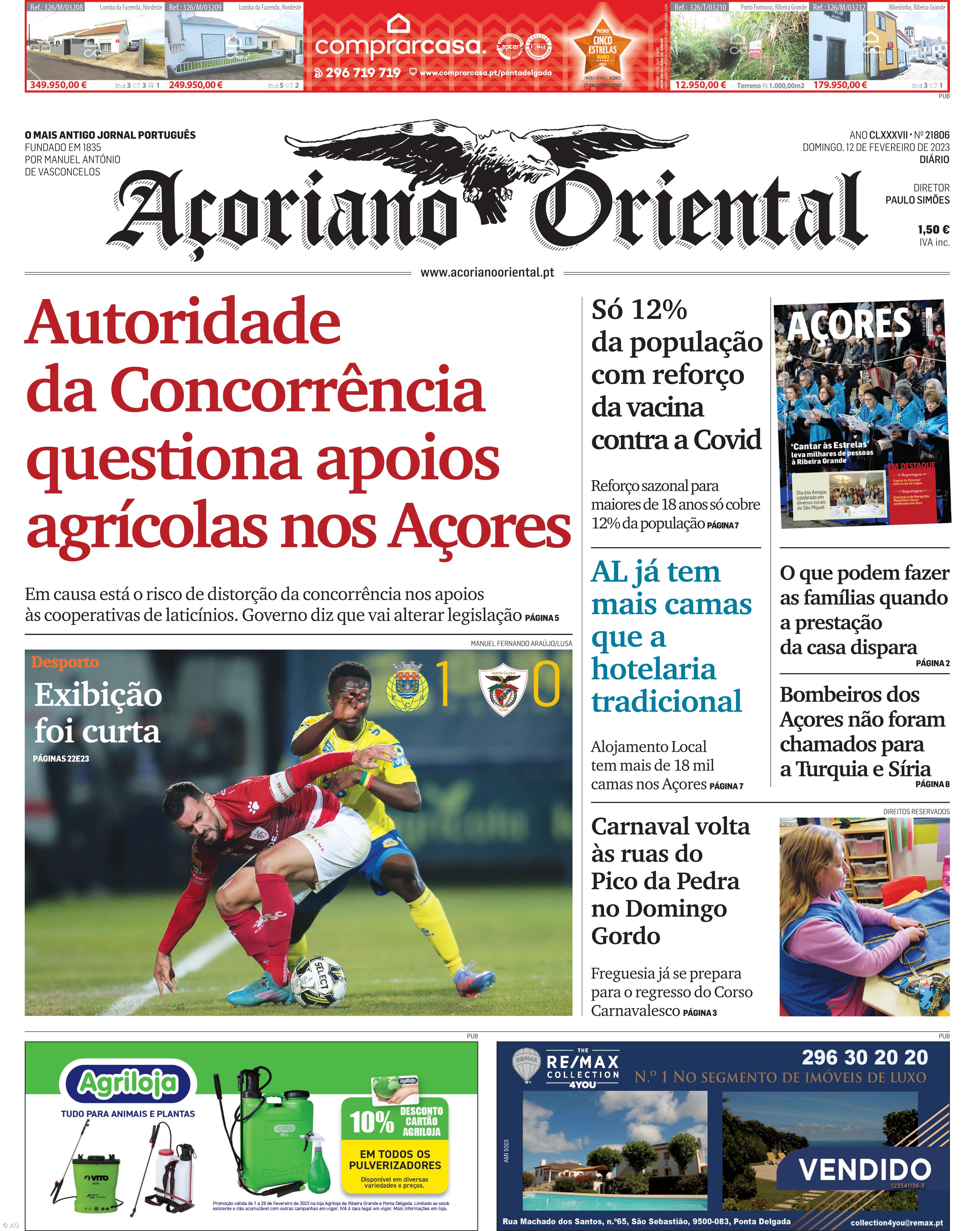 "Autoridade da Concorrência questiona apoios agrícolas nos Açores" é a manchete do Açoriano Oriental – Imagem 1