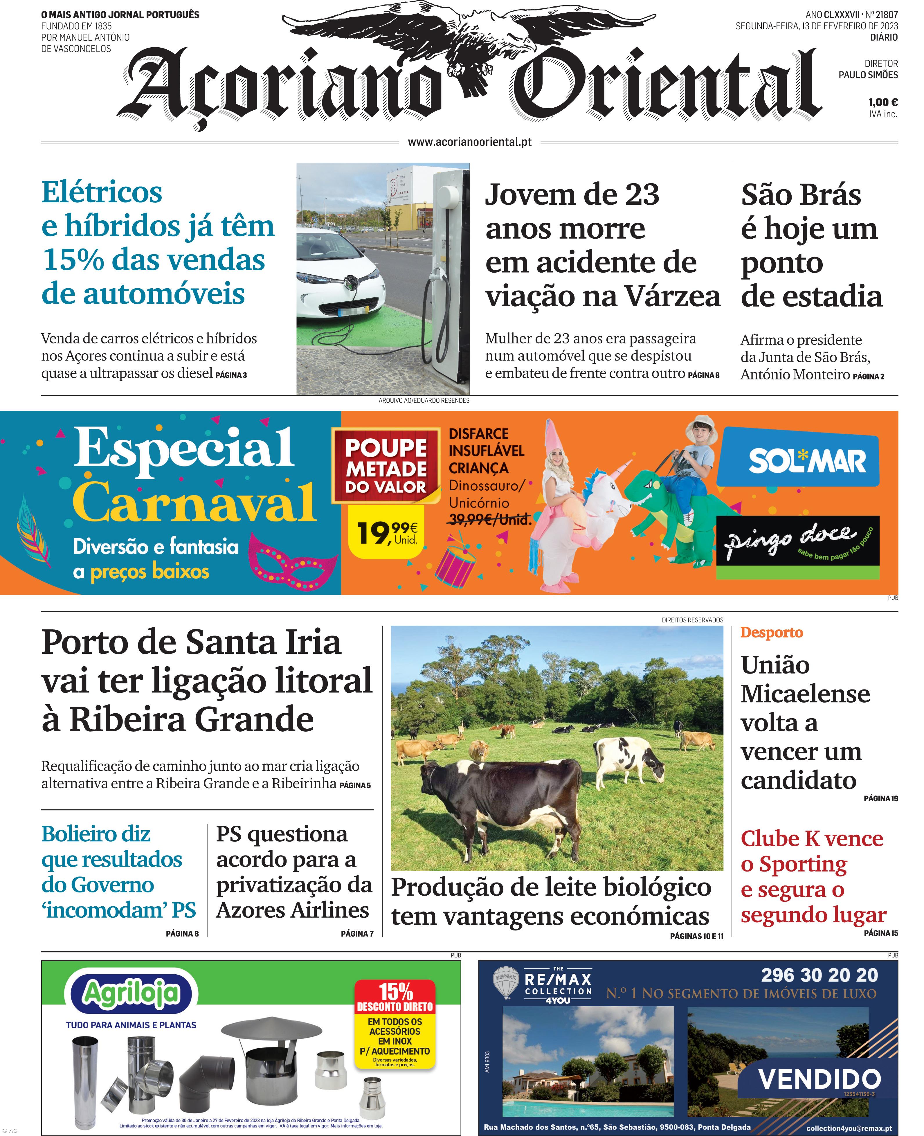 "Elétricos e híbridos já têm 15% das vendas de automóveis" é a manchete do Açoriano Oriental – Imagem 1