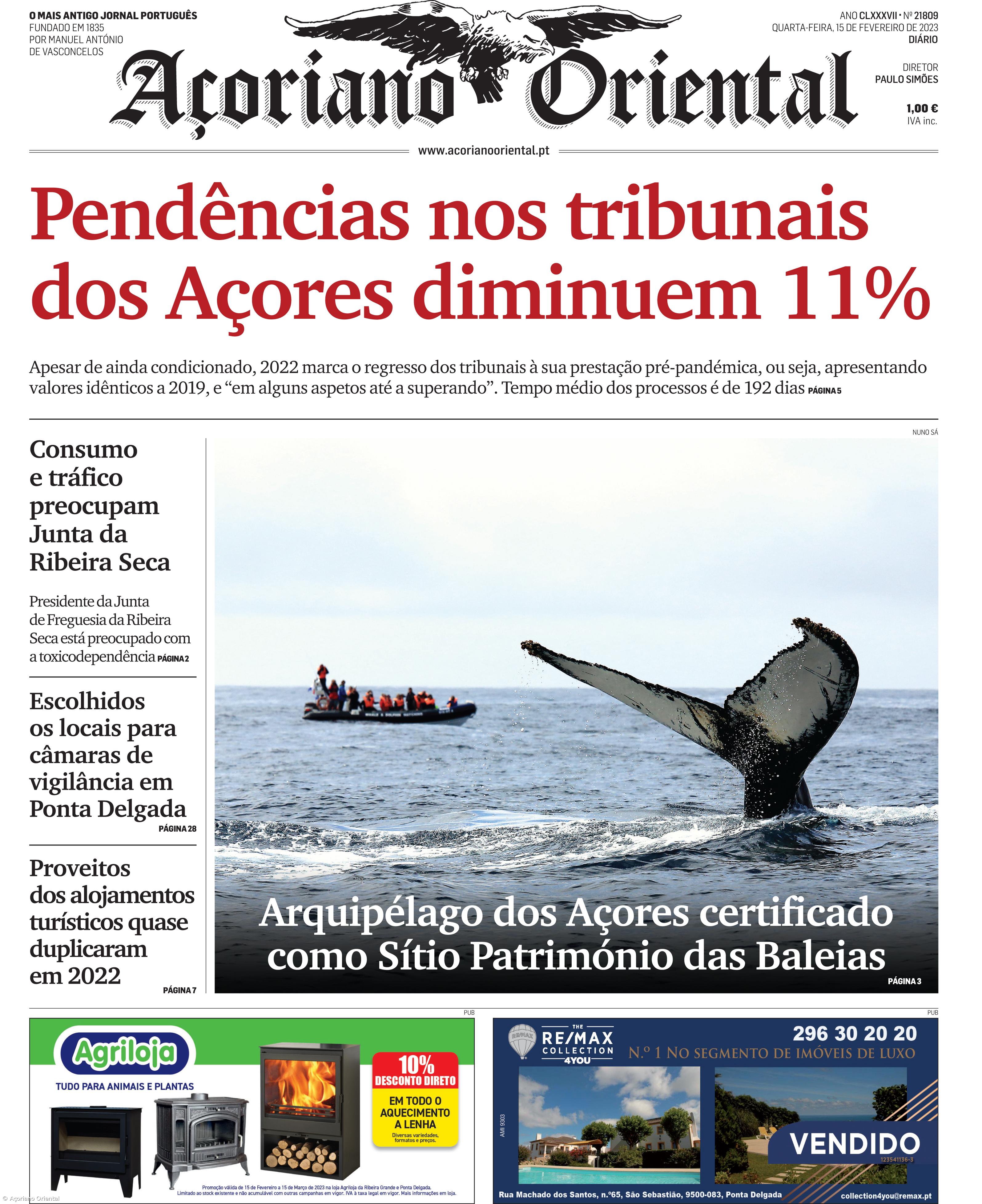 "Pendências nos tribunais dos Açores diminuem 11%" é a manchete do Açoriano Oriental – Imagem 1