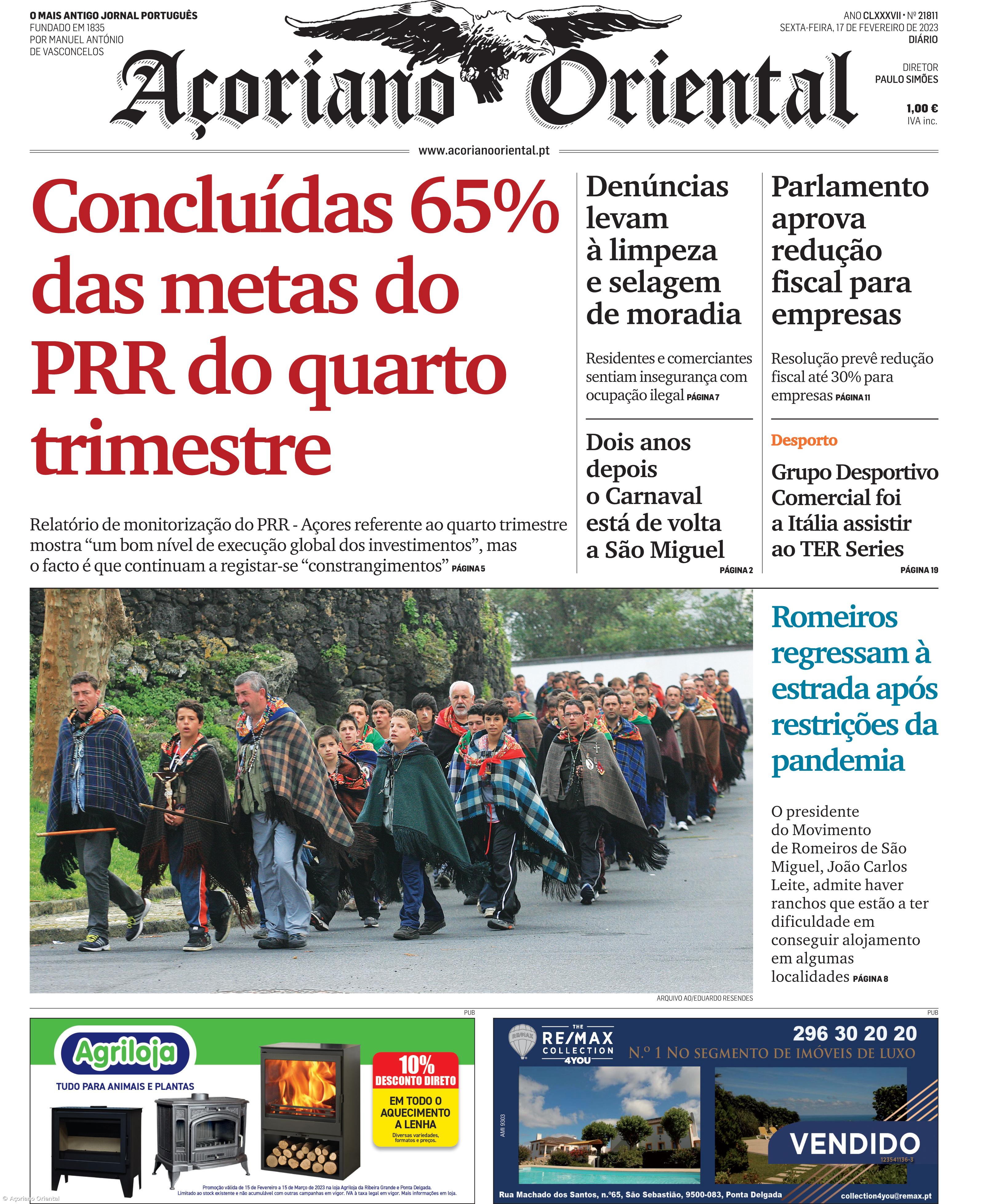 "Concluídas 65% das metas do PRR do quarto trimestre" é a manchete do Açoriano Oriental – Imagem 1