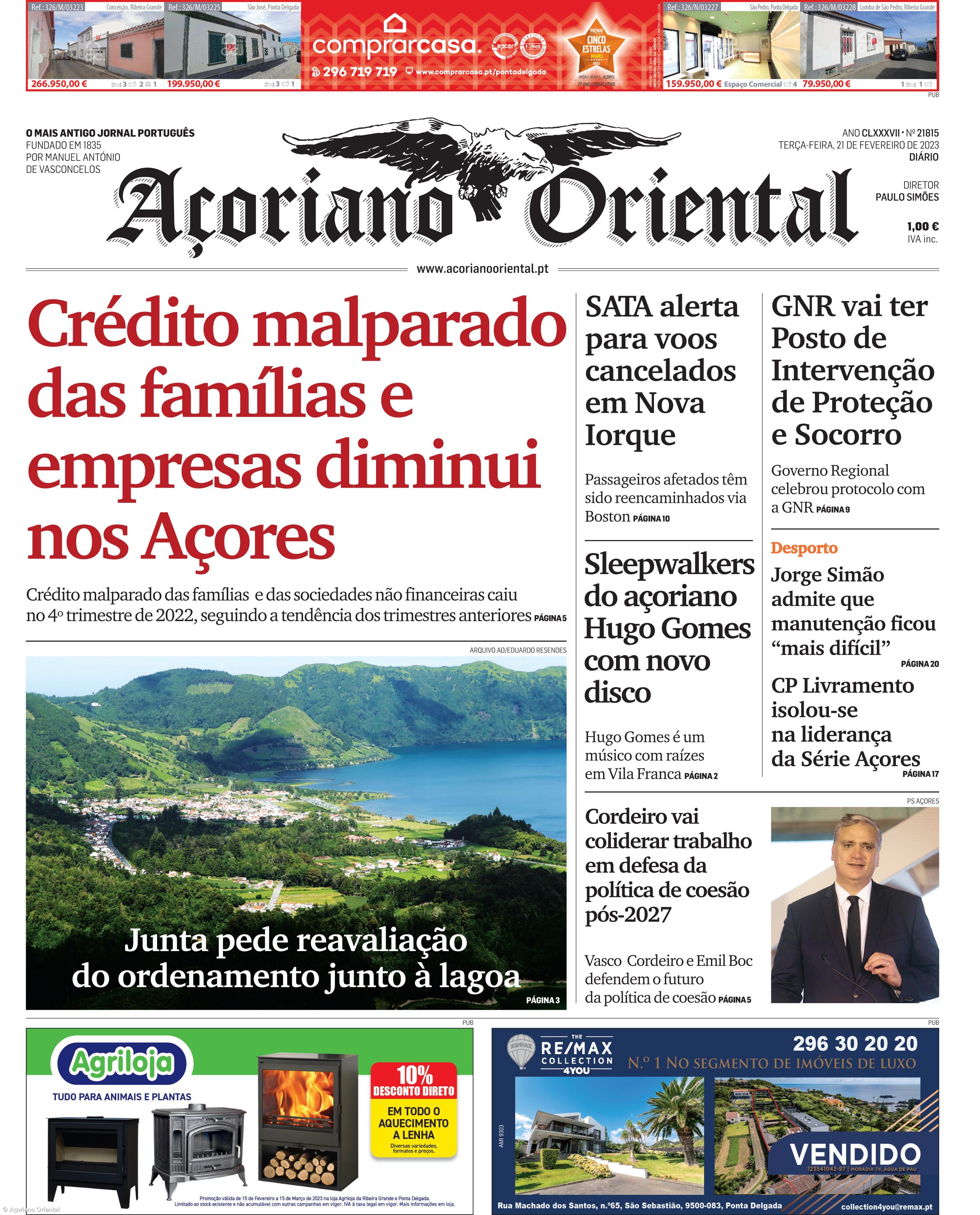"Crédito malparado das famílias e empresas diminui nos Açores" é a manchete do Açoriano Oriental – Imagem 1